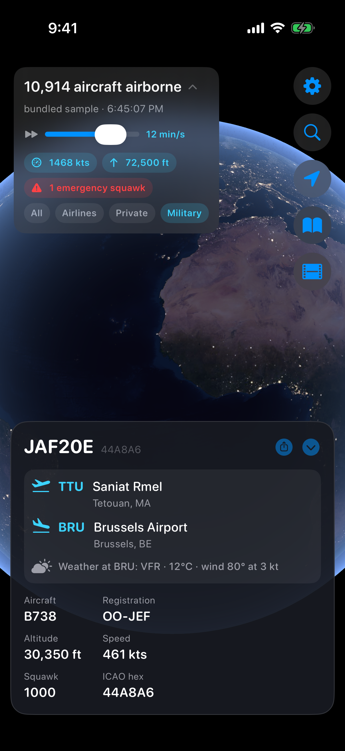 Flight card showing route, aircraft, and destination weather